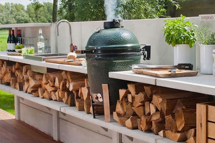 big green egg in backyard patio